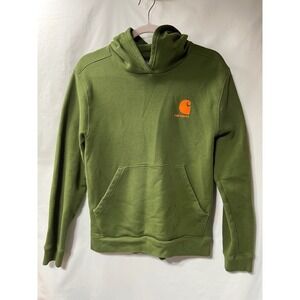 Carhartt Mens XL Olive Green Fleece Graphic Logo Hoodie Sweatshirt Orange Accent